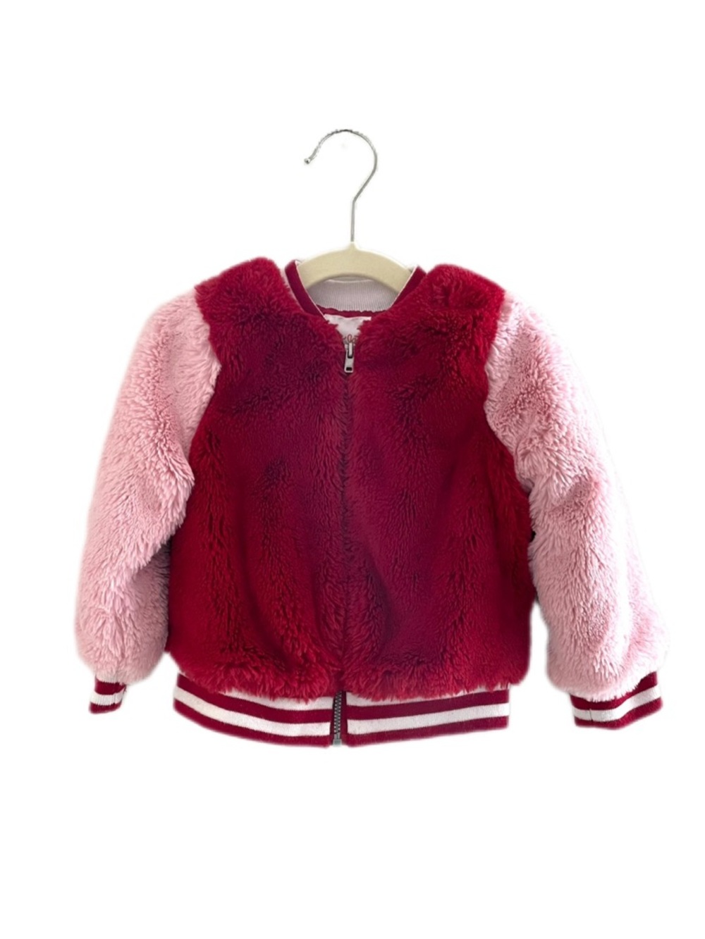 Cat & Jack Girls' Plush Faux Fur Bomber Jacket in Red and Pink